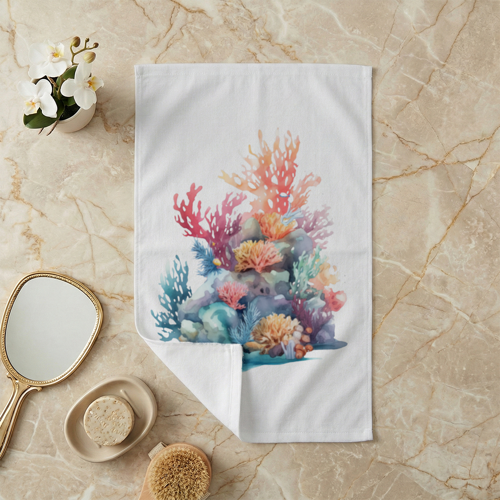 Vibrant Watercolor Coral Reef Scene Hand Towel