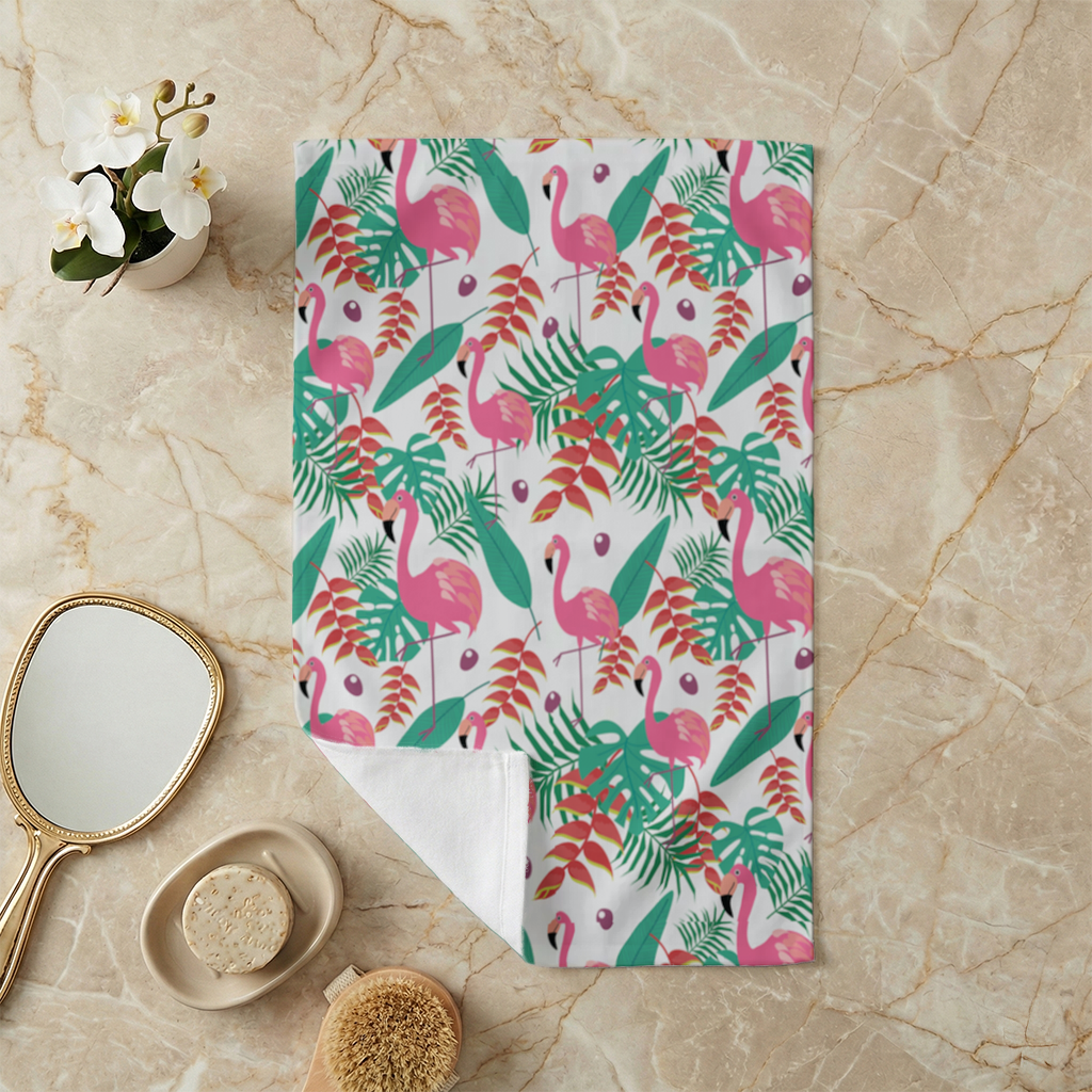 Pink Flamingo Tropical Leaves Hand Towel