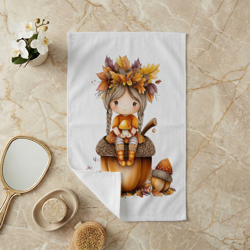 Autumn Acorn Mushroom Girl Hand Towel
