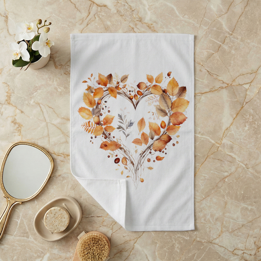 Orange Autumn Leaves Heart Hand Towel
