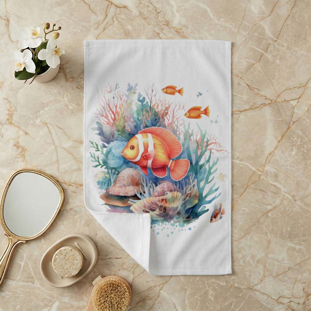 Watercolor Clownfish and Tropical Coral Reef Hand Towel