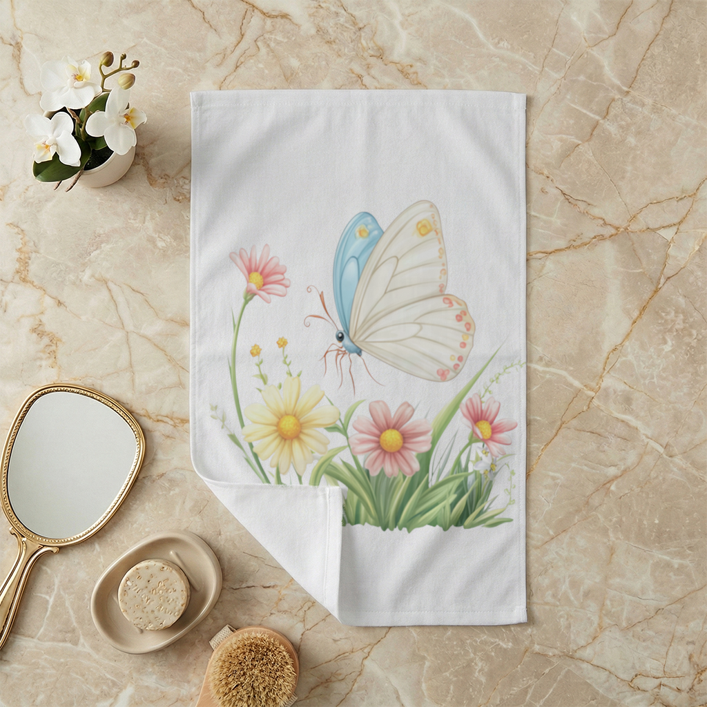 Pastel Kelebek ve Kır Çiçekleri Bahçesi El Havlusu