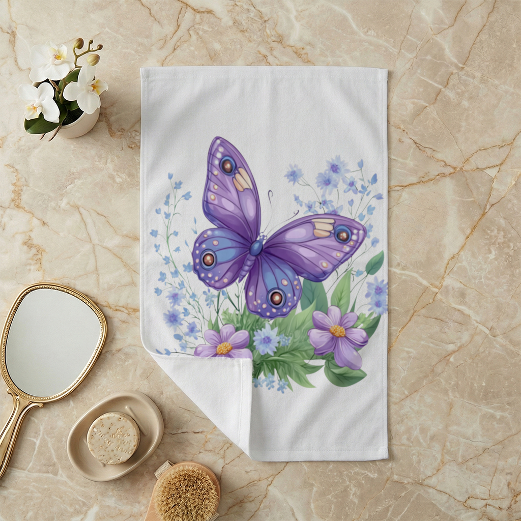 Mor Kelebek ve Mavi Kır Çiçekleri El Havlusu
