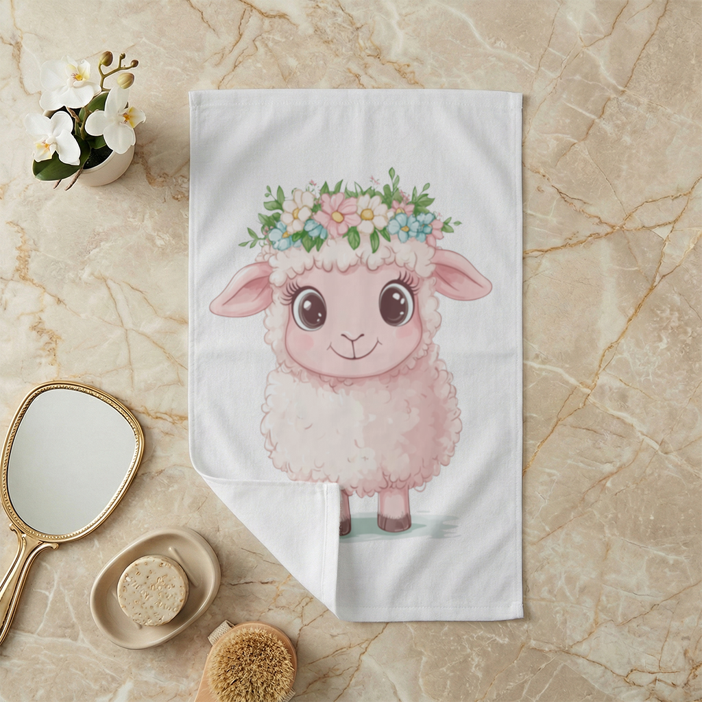 Kawaii Çiçek Taçlı Pembe Kuzu El Havlusu