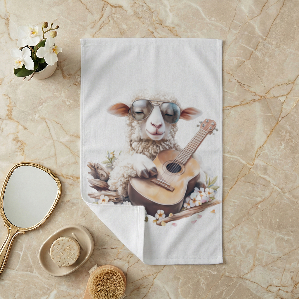 Cool Sheep Playing Ukulele with Flowers Hand Towel