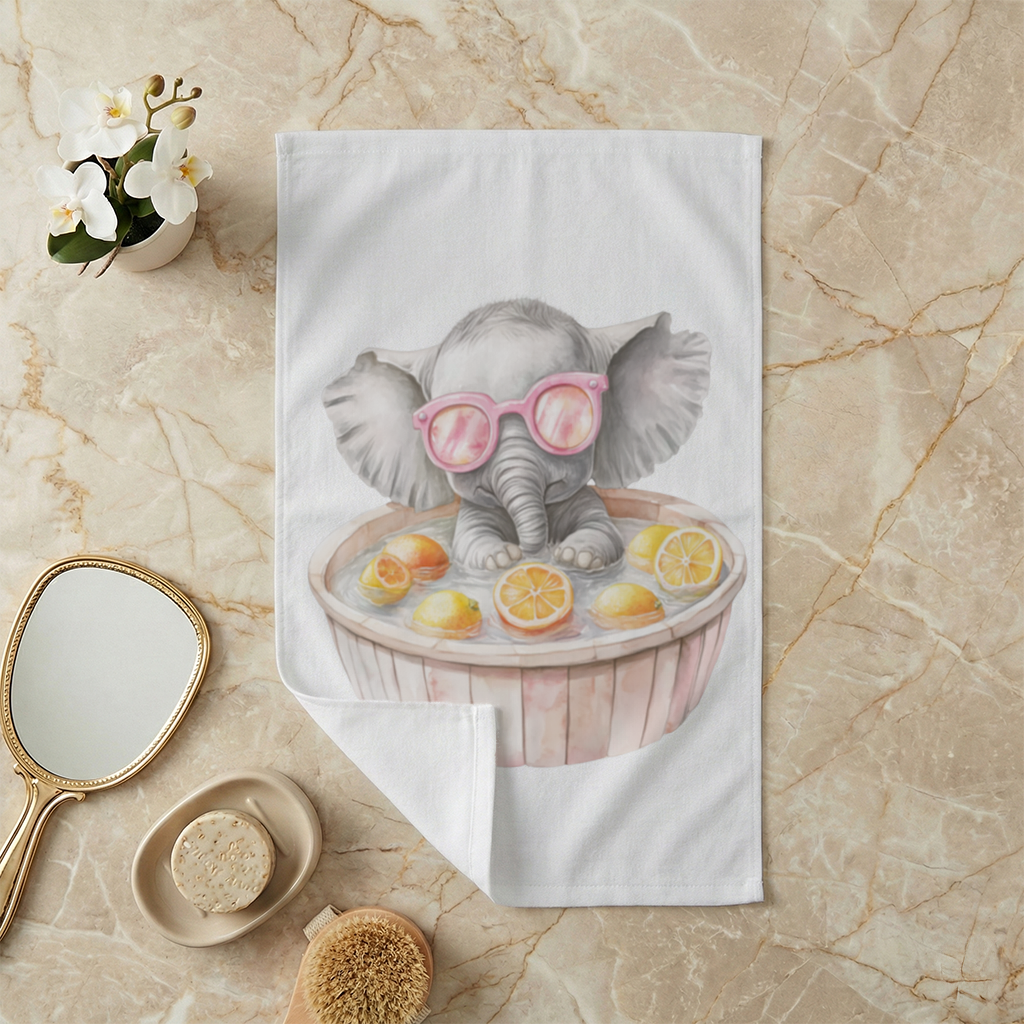 Pembe Gözlüklü Bebek Fil ve Narenciye Banyosu El Havlusu