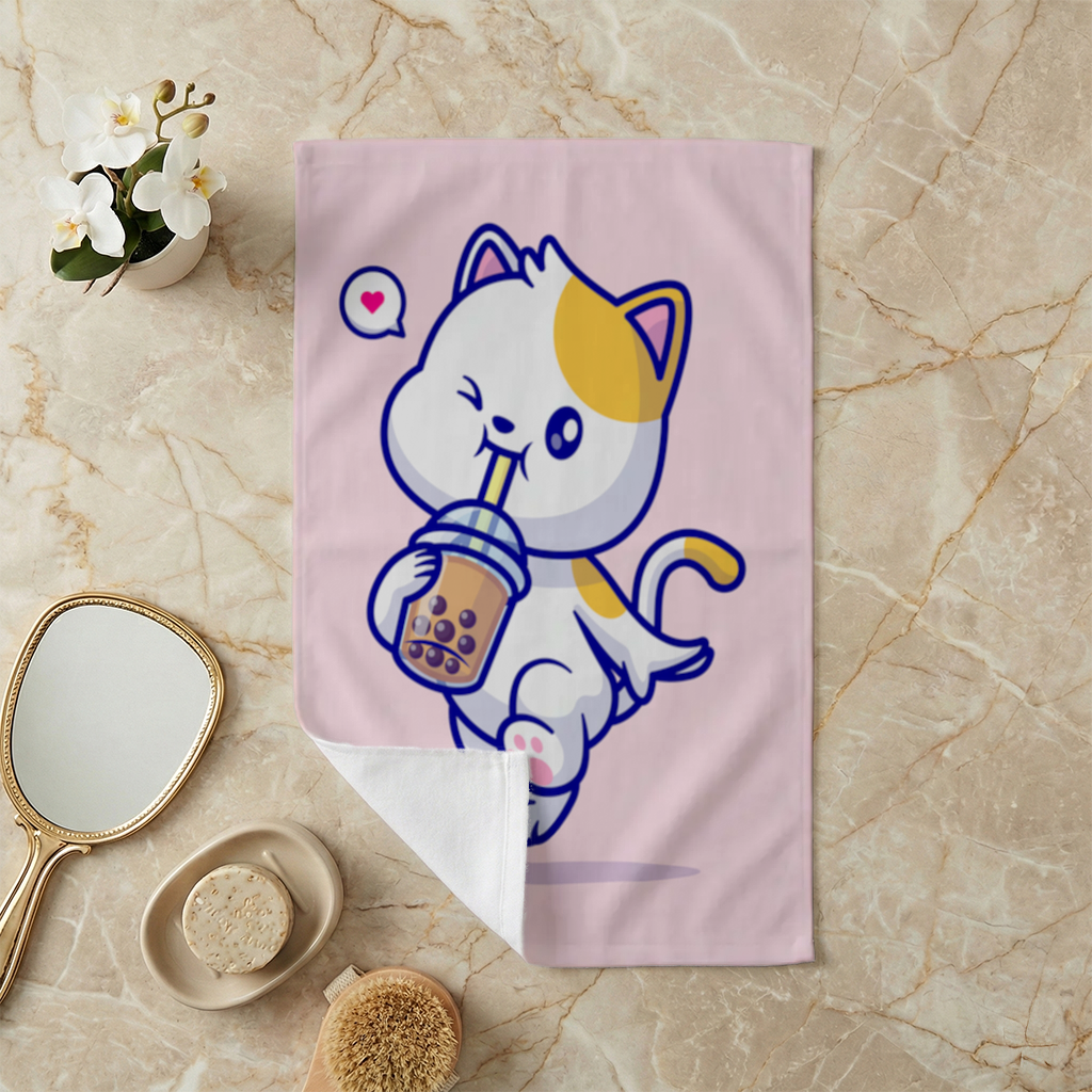 Kawaii Cat Drinking Boba Tea Hand Towel