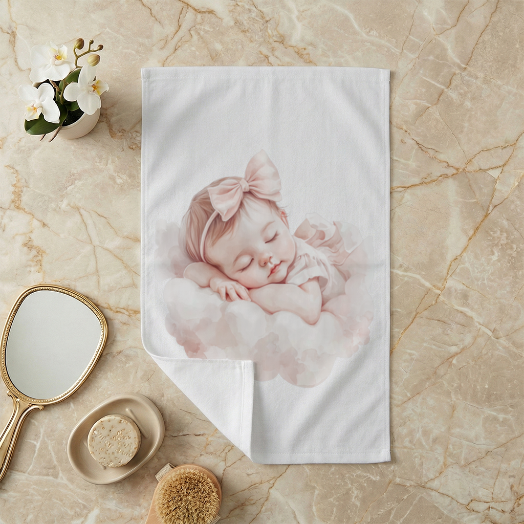 Sleeping Baby Girl with Pink Bow Hand Towel