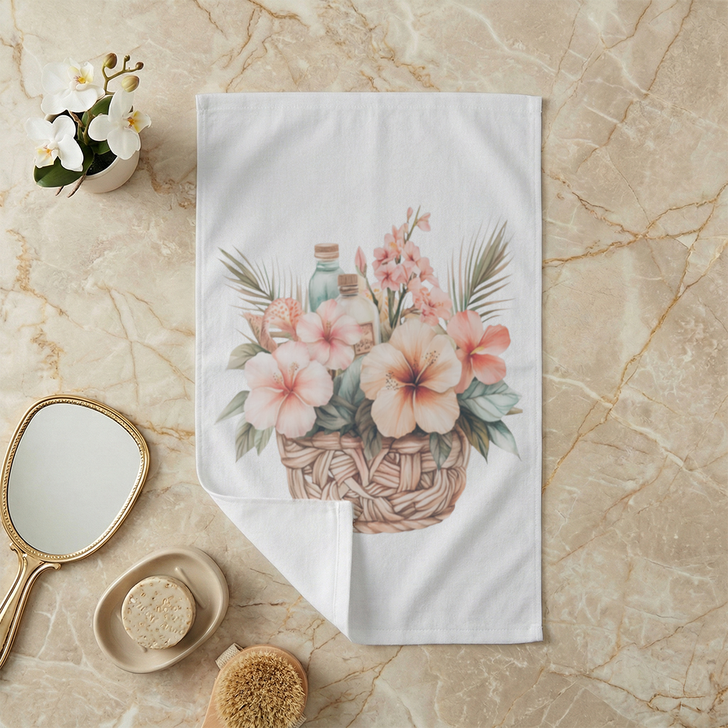 Tropikal Hibiskus Çiçekli Hasır Sepet El Havlusu