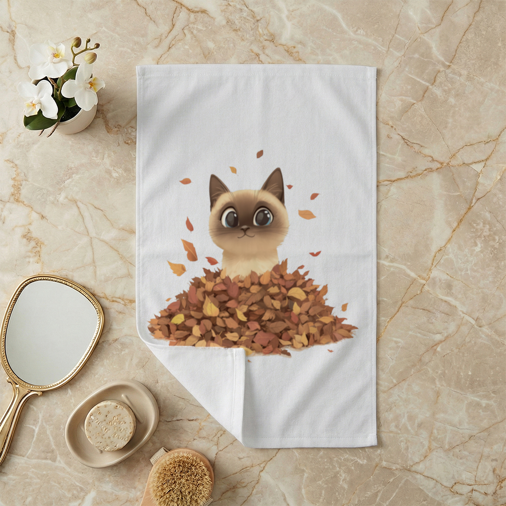 Siamese Cat in Autumn Leaf Pile