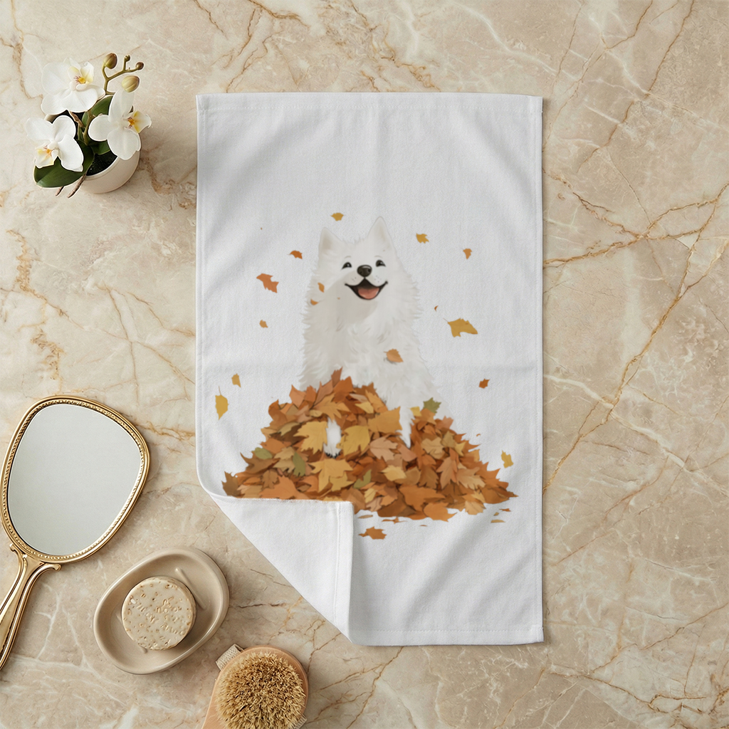 Happy White Dog in Autumn Leaves 