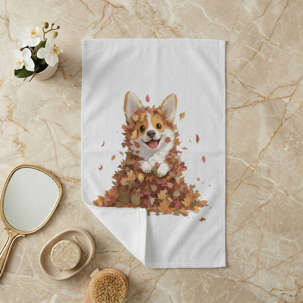 Sonbahar Yaprakları İçinde Mutlu Corgi El Havlusu