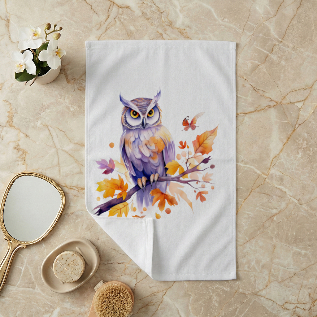 Whimsical Autumn Owl and Butterfly Hand Towel