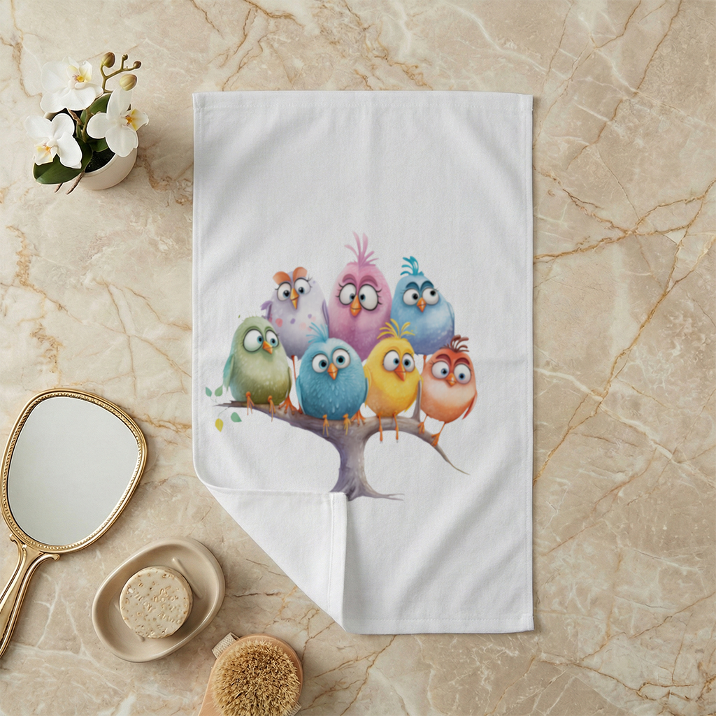 Whimsical Colorful Birds on Branch Hand Towel