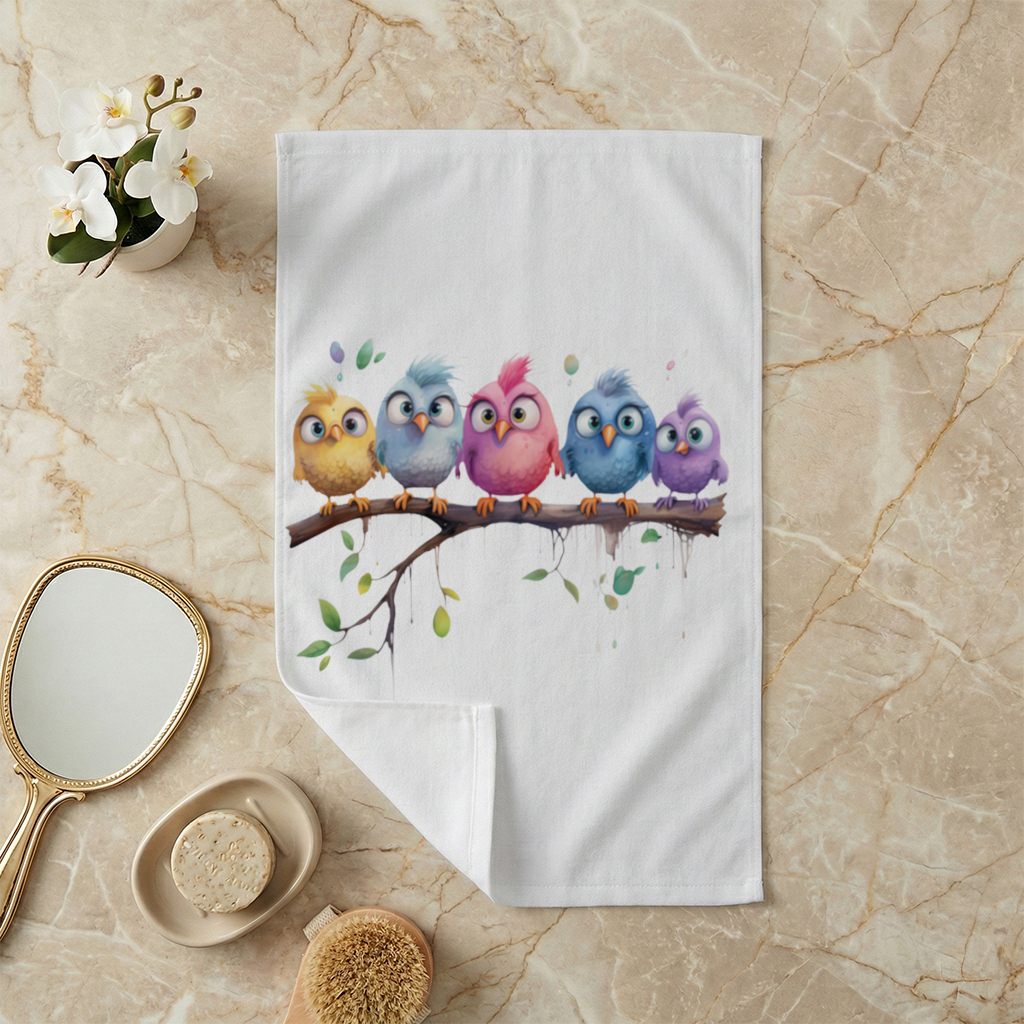 Daldaki Beş Renkli Kawaii Kuş El Havlusu