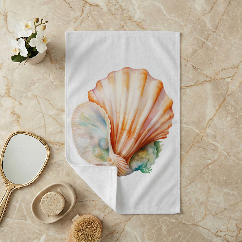 Iridescent Pearls in Orange Scallop Seashell Hand Towel