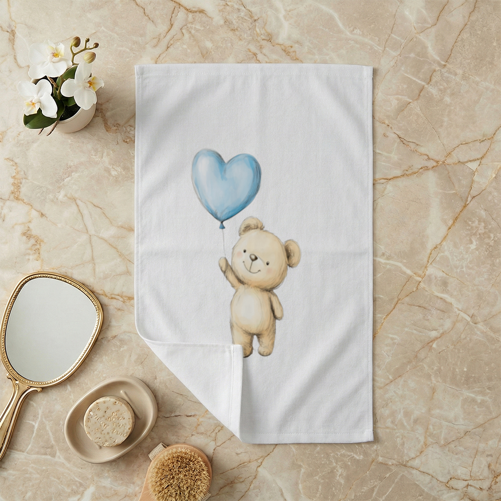 Cute Teddy Bear with Blue Heart Balloon Hand Towel
