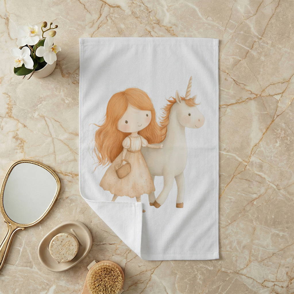Ginger Girl with Whimsical White Unicorn Hand Towel