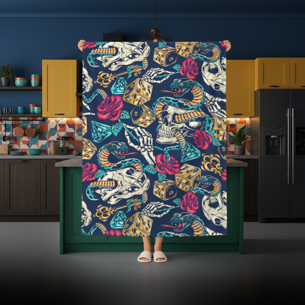 Skull Snake Dice and Roses Pattern Rectangular Tablecloth