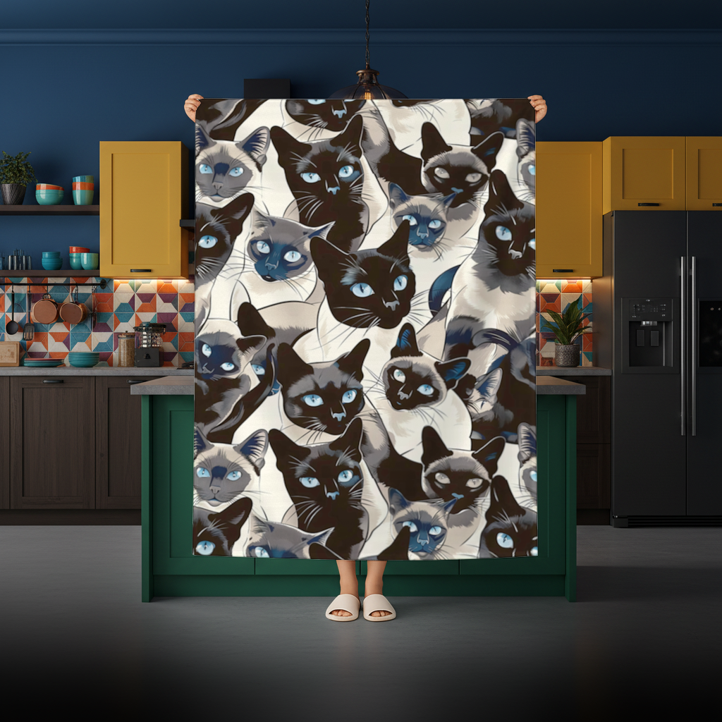 Blue Eyed Siamese Cat Elegant Illustration Pattern Rectangular Tablecloth