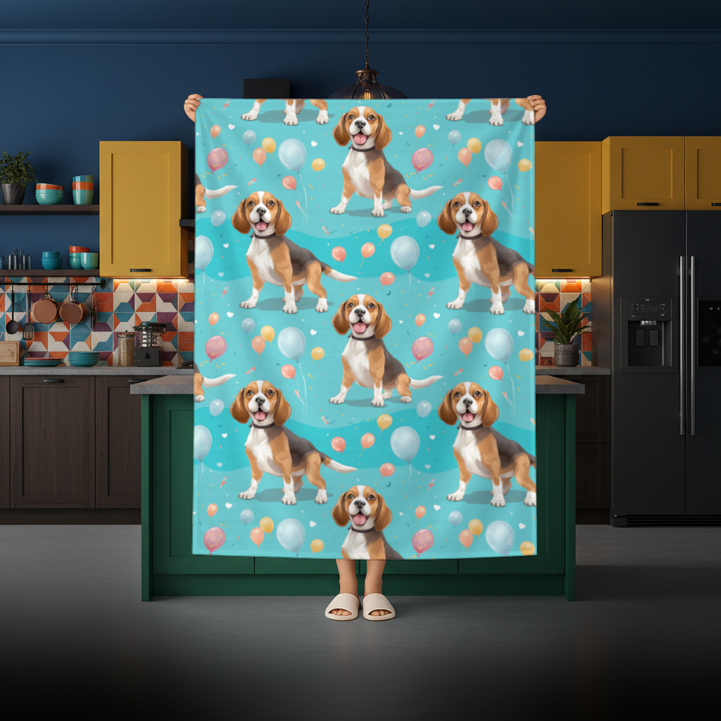Sevimli Beagle Köpek ve Renkli Balonlar Desenli Tasarım Masa Örtüsü
