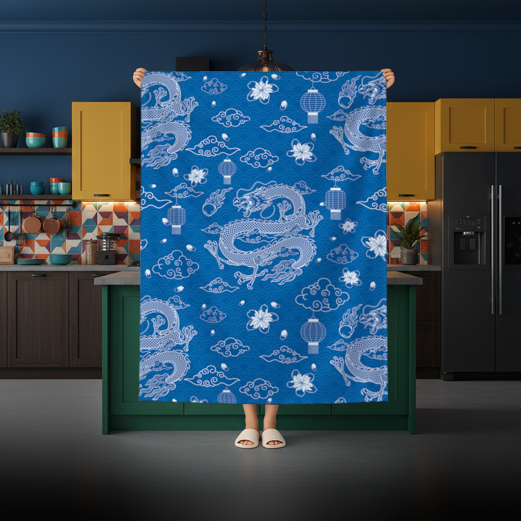 Traditional Dragon Pattern on Blue Background Rectangular Tablecloth