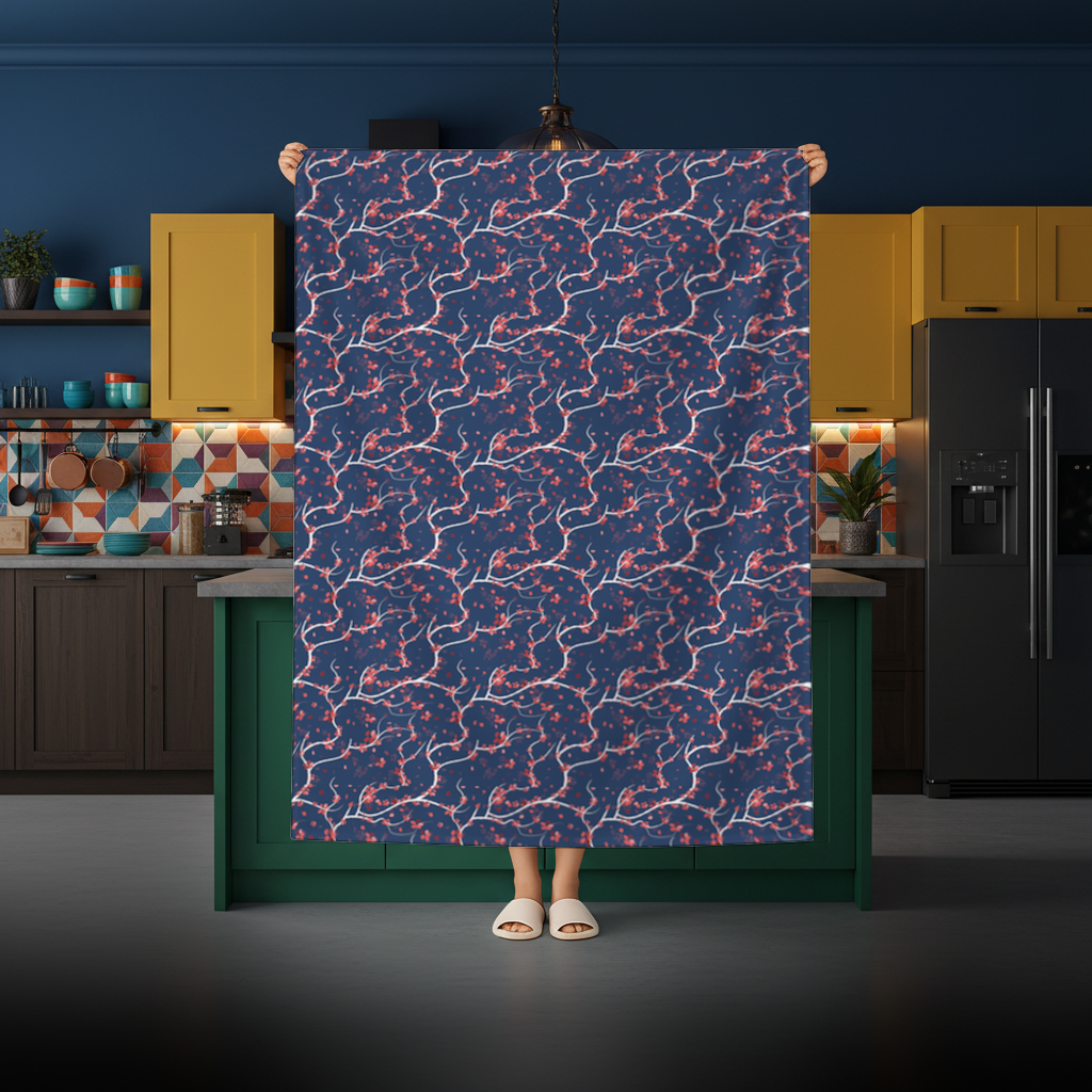 Red Floral Branch Pattern on Navy Background Rectangular Tablecloth