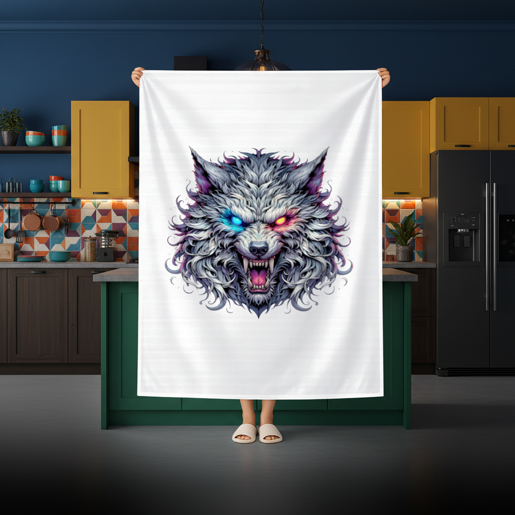 Öfkeli Kurt Başı İllüstrasyonu İki Renkli Gözlü, Vahşi Kurt Masa Örtüsü