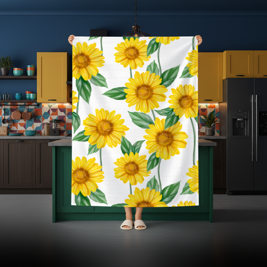 Vibrant Yellow Sunflower and Green Leaf Pattern Illustration Rectangular Tablecloth