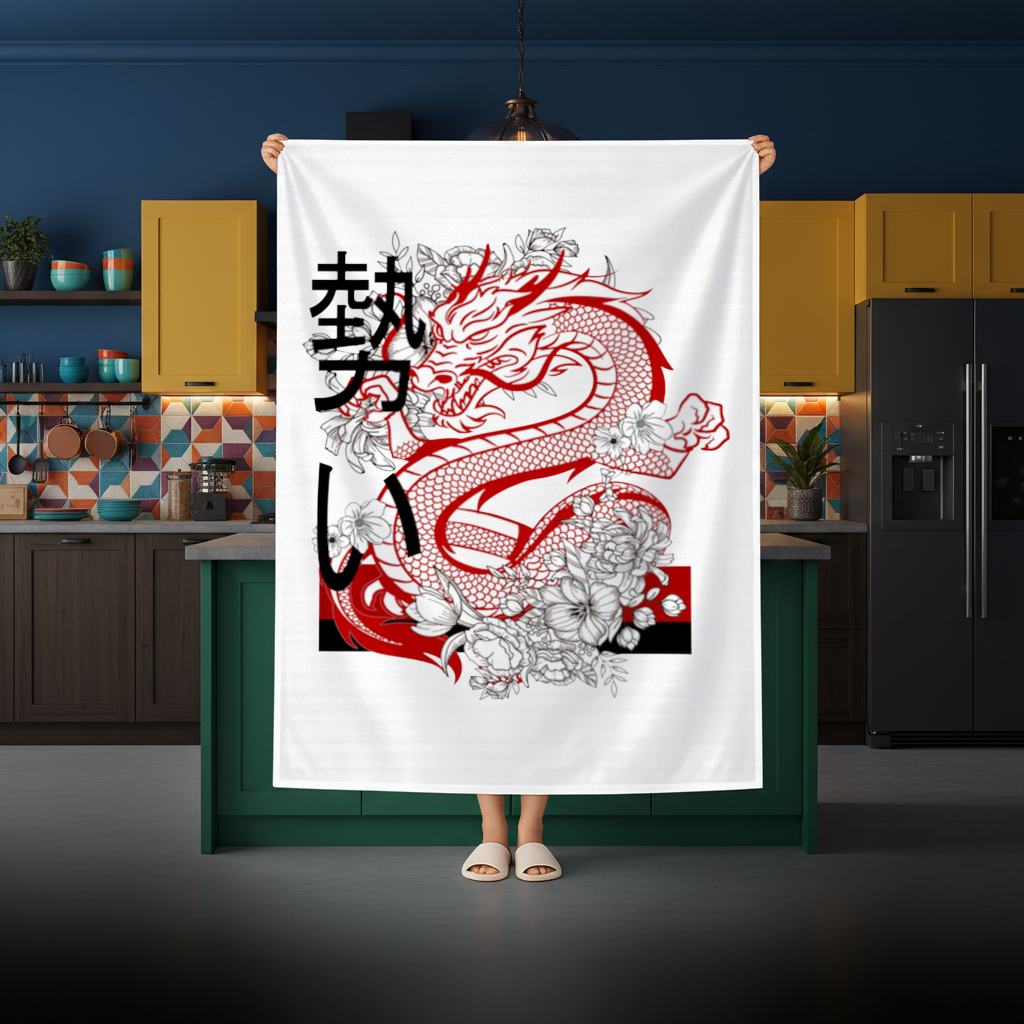Japanese Dragon with Floral Design Rectangular Tablecloth