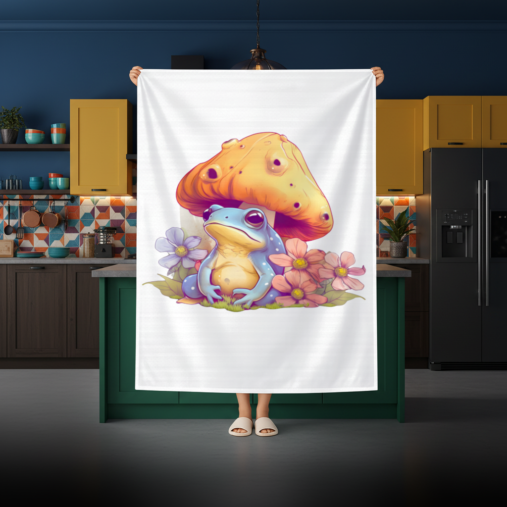 Blue Frog Resting Under Orange Mushroom Rectangular Tablecloth