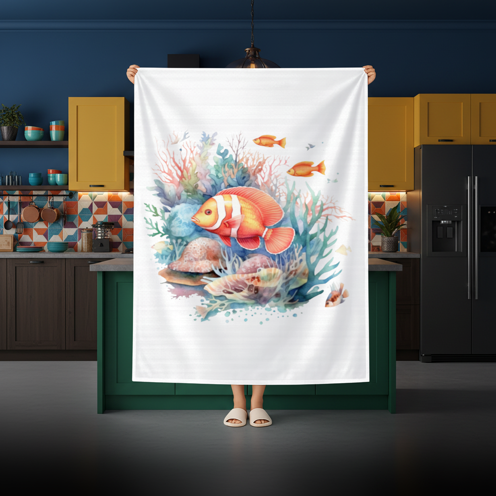 Watercolor Clownfish and Tropical Coral Reef Rectangular Tablecloth