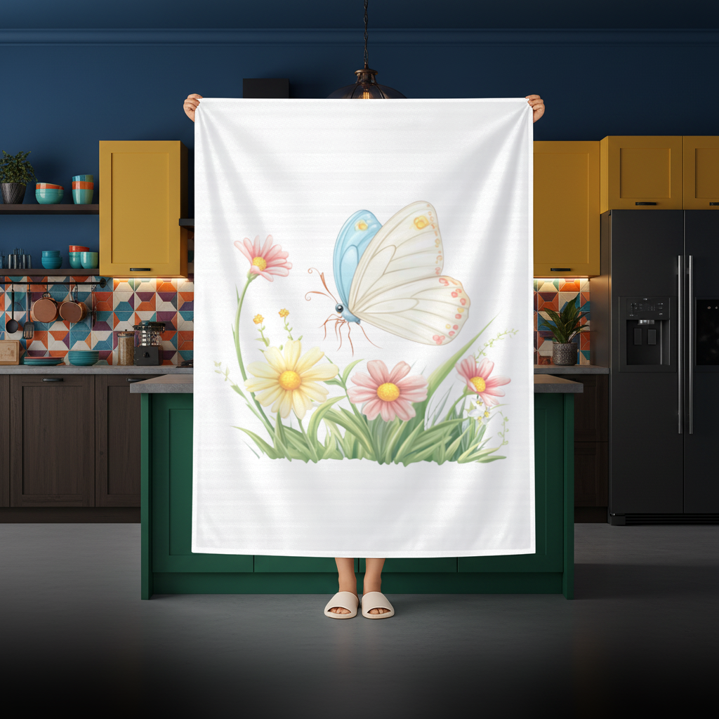 Pastel Kelebek ve Kır Çiçekleri Bahçesi Masa Örtüsü