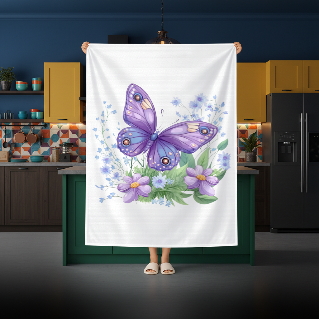 Mor Kelebek ve Mavi Kır Çiçekleri Masa Örtüsü