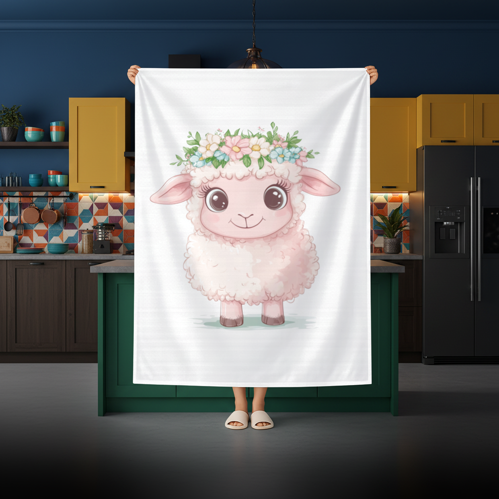 Kawaii Çiçek Taçlı Pembe Kuzu Masa Örtüsü