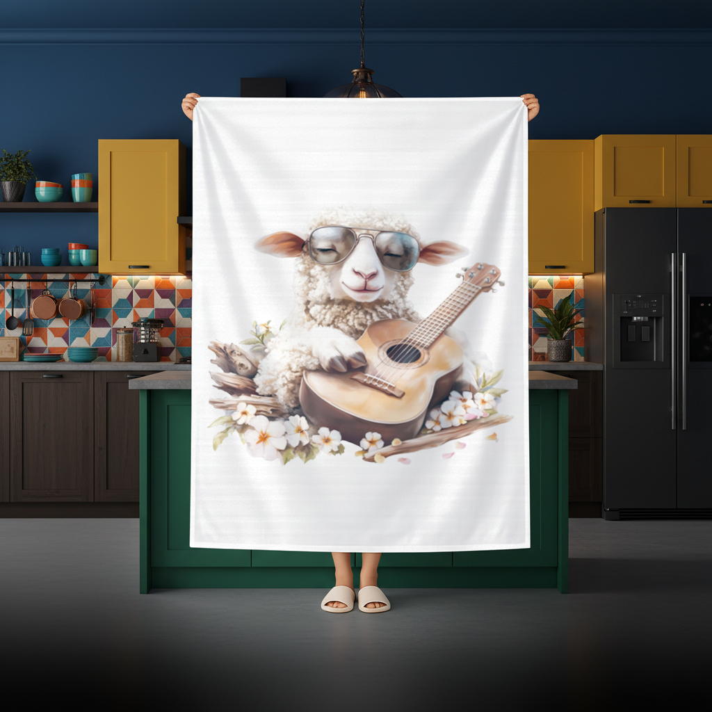 Cool Sheep Playing Ukulele with Flowers Rectangular Tablecloth
