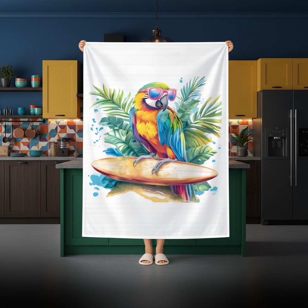 Sörf Yapan Güneş Gözlüklü Papağan Masa Örtüsü