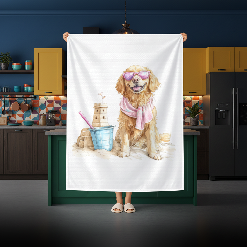 Plajda Pembe Gözlüklü Golden Retriever Masa Örtüsü