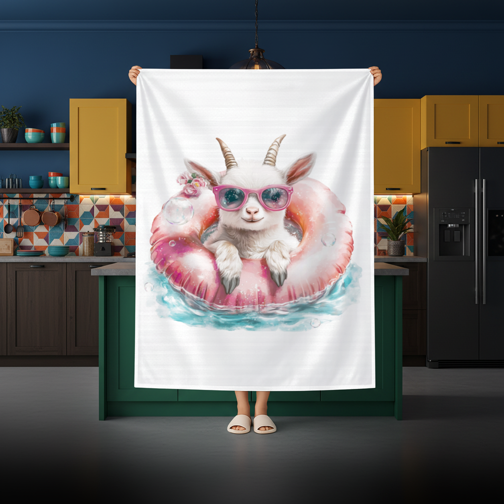 Pembe Gözlüklü Havuzda Yavru Keçi Masa Örtüsü