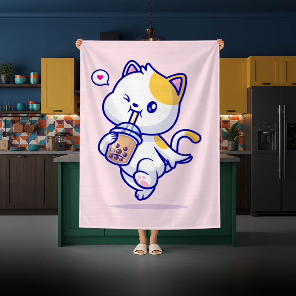 Kawaii Cat Drinking Boba Tea Rectangular Tablecloth