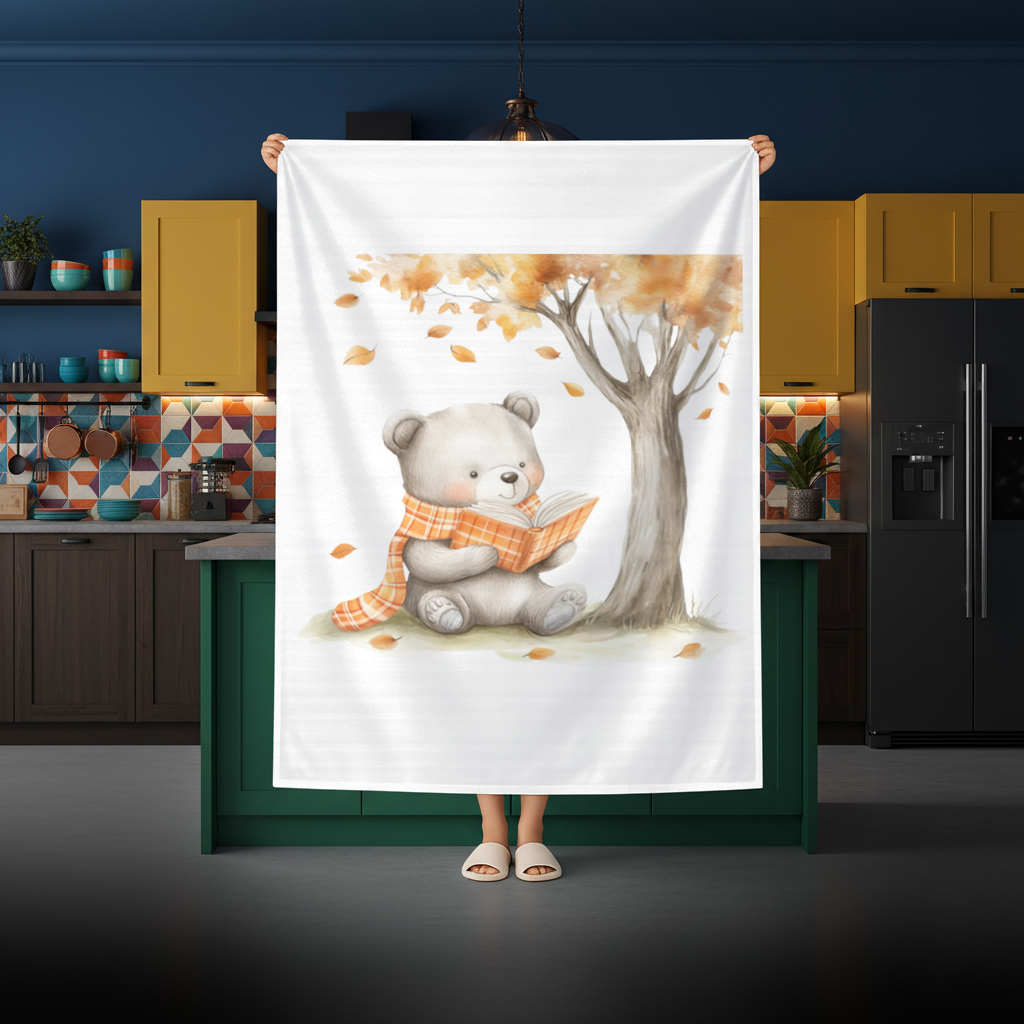 Kitap Okuyan Turuncu Atkılı Ayı Masa Örtüsü