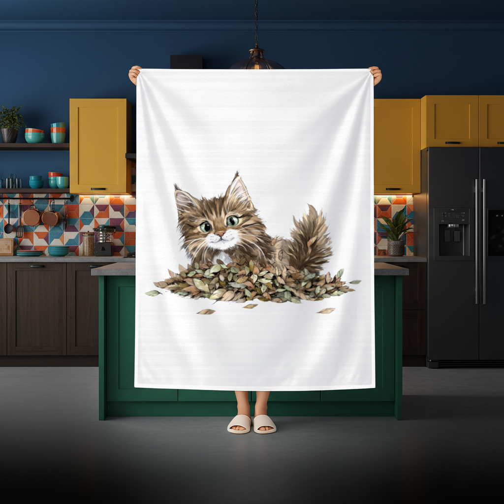 Cute Fluffy Kitten in Autumn Leaves Rectangular Tablecloth