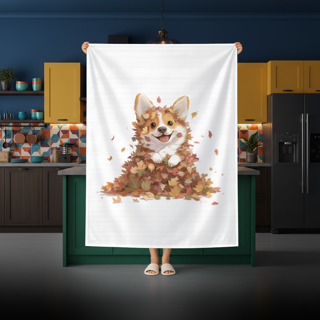 Happy Corgi Puppy in Fall Leaves 