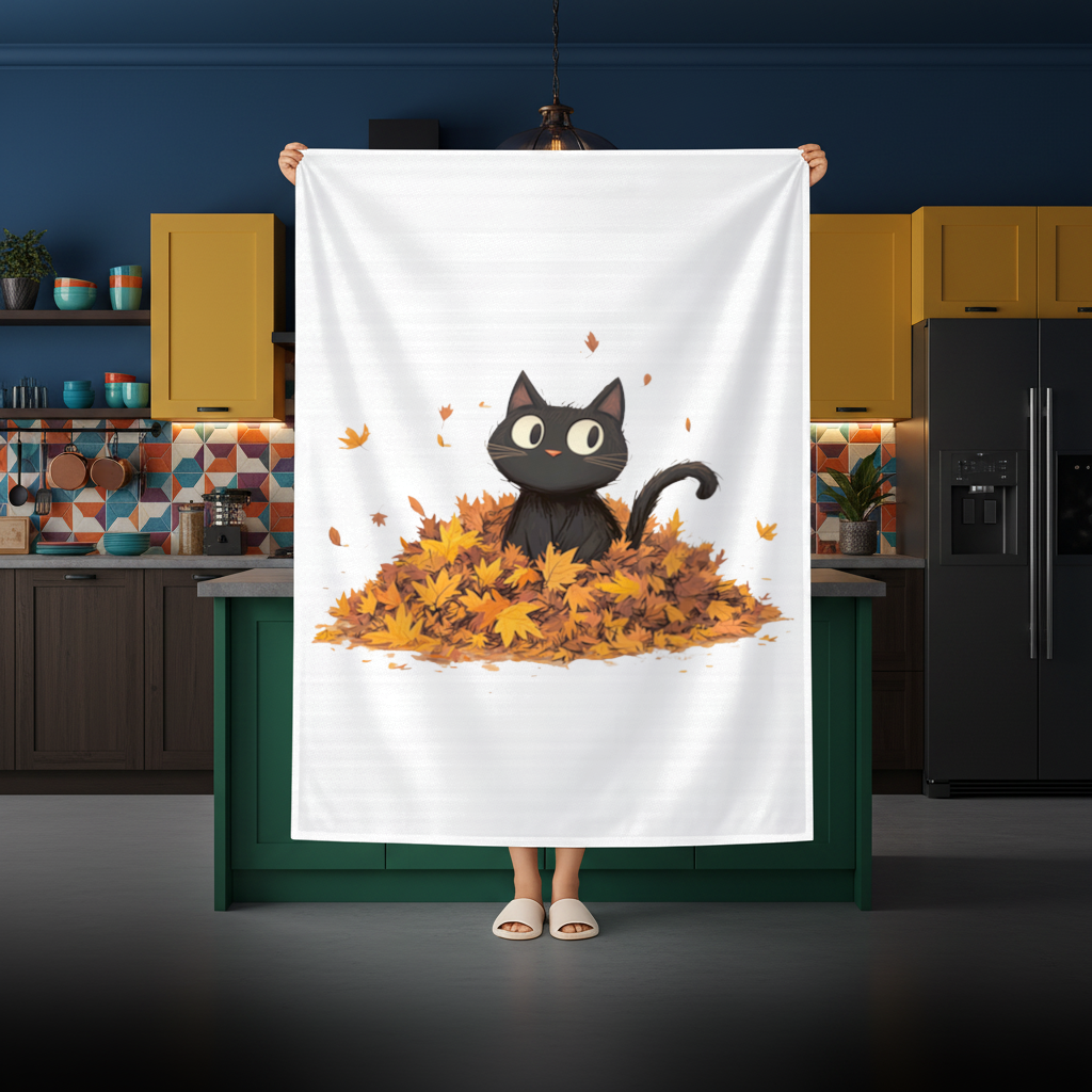 Cute Black Cat in Autumn Leaves Rectangular Tablecloth