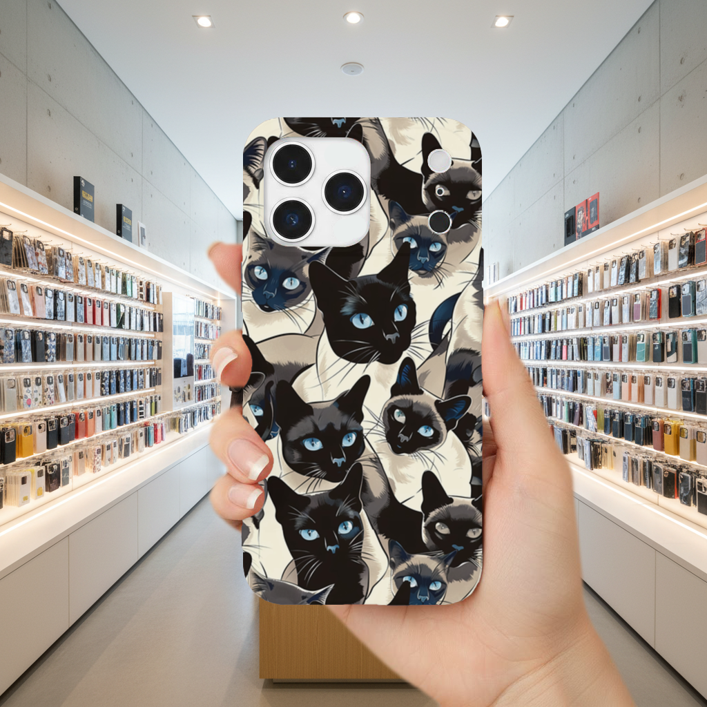 Mavi Gözlü Siyam Kedisi Desenli Şık İllüstrasyon iPhone 17 Pro Max Kılıfı