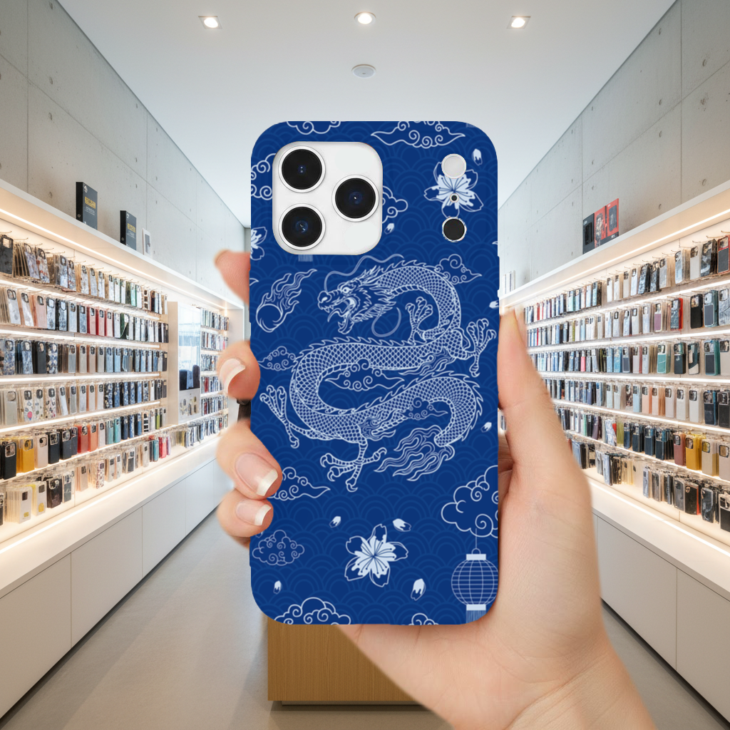 Traditional Dragon Pattern on Blue Background iPhone 17 Pro Max Case