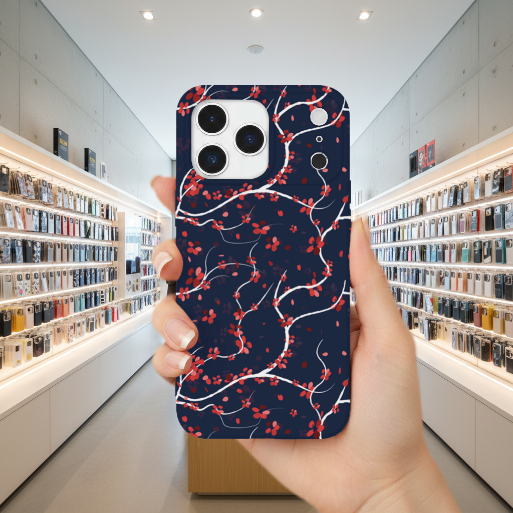 Red Floral Branch Pattern on Navy Background iPhone 17 Pro Max Case