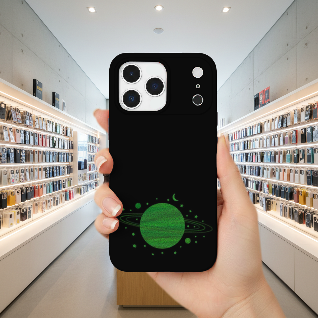 Green planets on a black background. iPhone 17 Pro Max Case