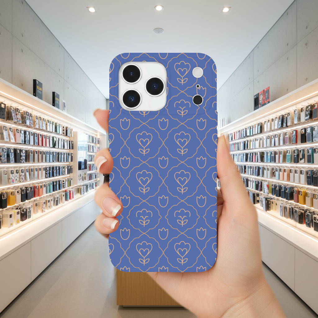 Orange Linear Floral Pattern on Blue iPhone 17 Pro Max Case