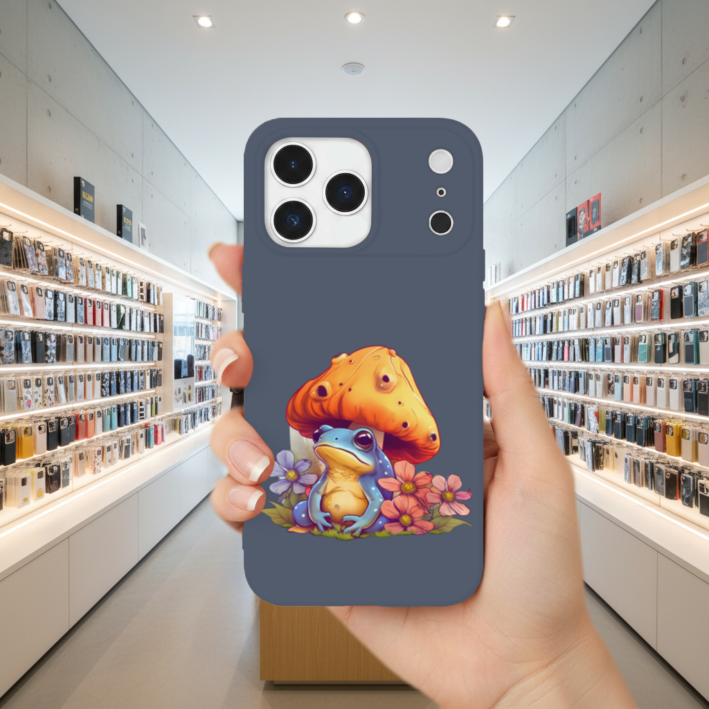 Blue Frog Resting Under Orange Mushroom iPhone 17 Pro Max Case